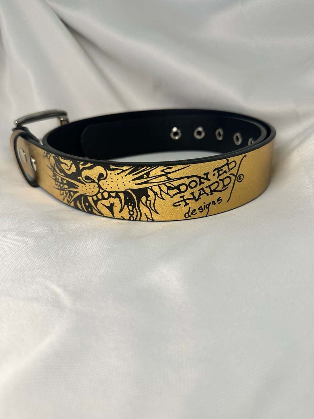 Ed Hardy Gold Graphic Print Belt Size 36